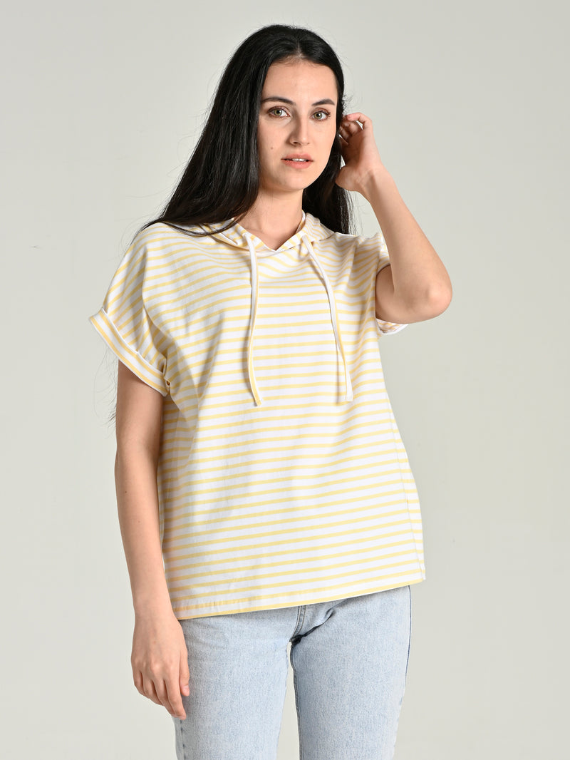 Cotton Striped Hooded Short-Sleeve T-shirt SIA-20