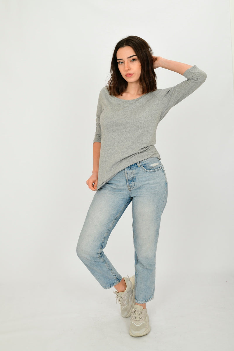 Cotton Crew Neck Long Sleeve Basic Blouse LINDA-64
