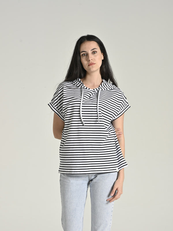 Cotton Striped Hooded Short-Sleeve T-shirt SIA-20