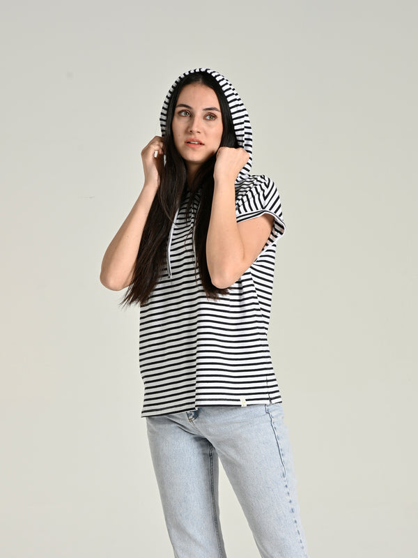 Cotton Striped Hooded Short-Sleeve T-shirt SIA-20