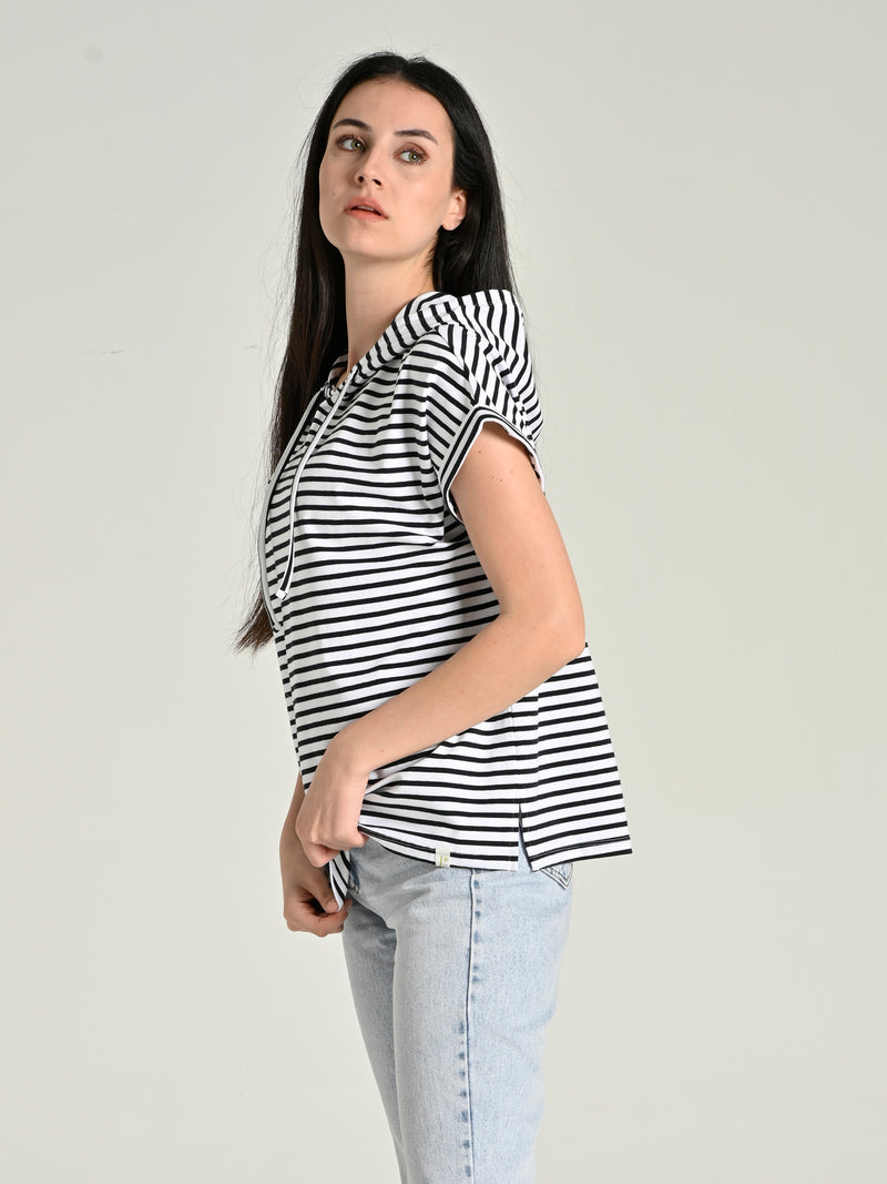 Cotton Striped Hooded Short-Sleeve T-shirt SIA-20