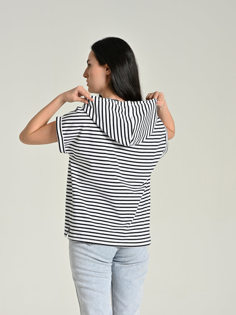 Cotton Striped Hooded Short-Sleeve T-shirt SIA-20