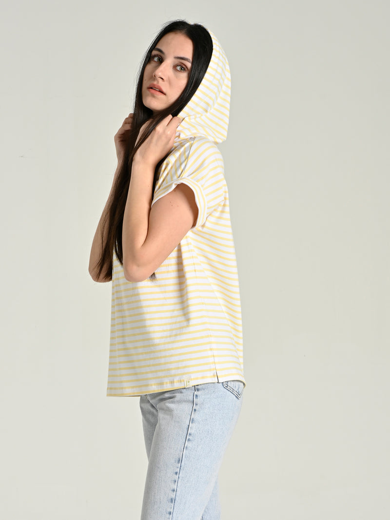 Cotton Striped Hooded Short-Sleeve T-shirt SIA-20
