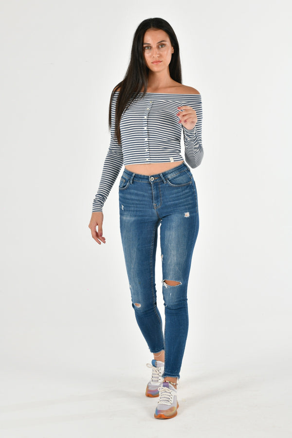 Modal Stripy Long Sleeve Boat Neck Blouse MILLA-09