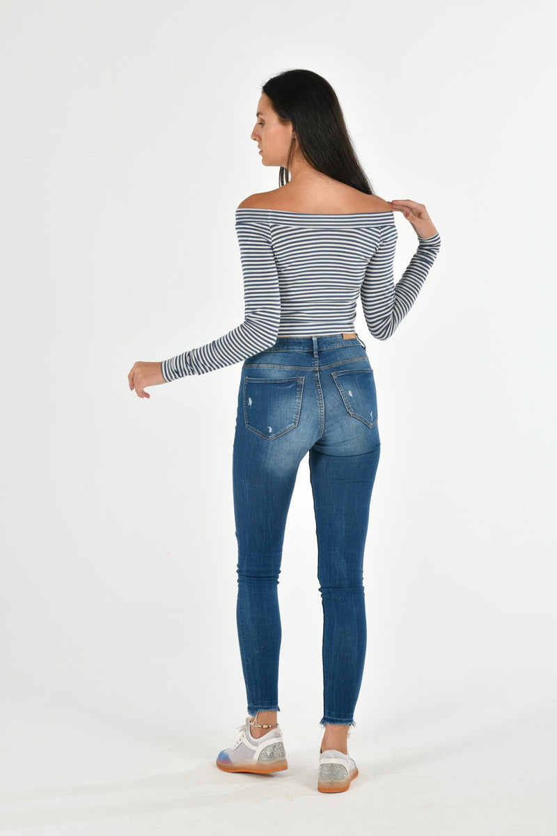 Modal Stripy Long Sleeve Boat Neck Blouse MILLA-09