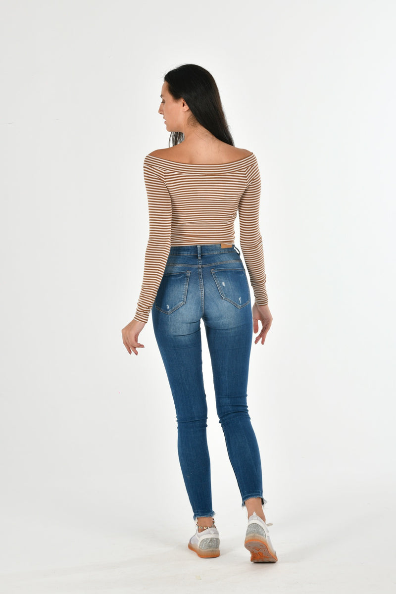 Modal Stripy Long Sleeve Boat Neck Blouse MILLA-09